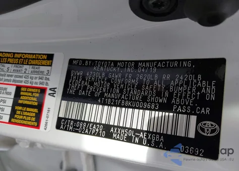 2019 Toyota Avalon Hybrid Xle из США, поврежденный, VIN 4T1B21FB8KU009683